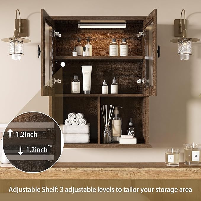 CJL Bathroom Wall Cabinet with Motion Sensor Led Light, Over The Toilet Storage Cabinet, 23.6'' x 29.5'' Medicine Cabinet of Mid-Century Modern Design with Acrylic Door, Brown