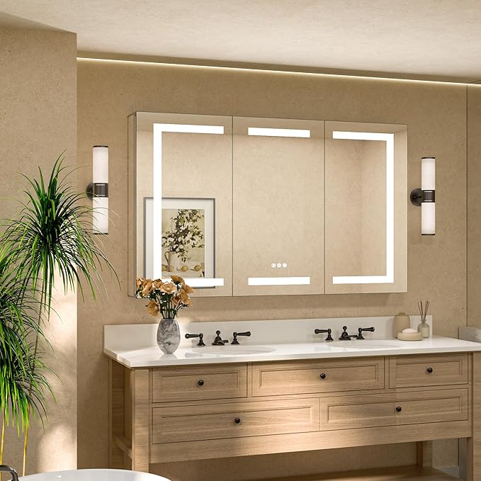TETOTE 48 x 32 Lighted Medicine Cabinet with LED Lights, 3 Door Recessed or Wall Mount Bathroom Cabinet, Led Vanity Cabinet Mirror, Tempered Glass, Outlets & USB, Adjustable Shelf, 3-Color Lights