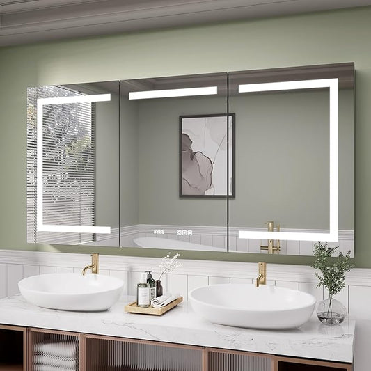 LED Medicine Cabinet Mirror, 60x30 Inch Bathroom Storage, Recessed/Wall Mount, Plug-in/Hardwired, 3 Color Dimmable Light, Anti-Fog, Time Temp Display
