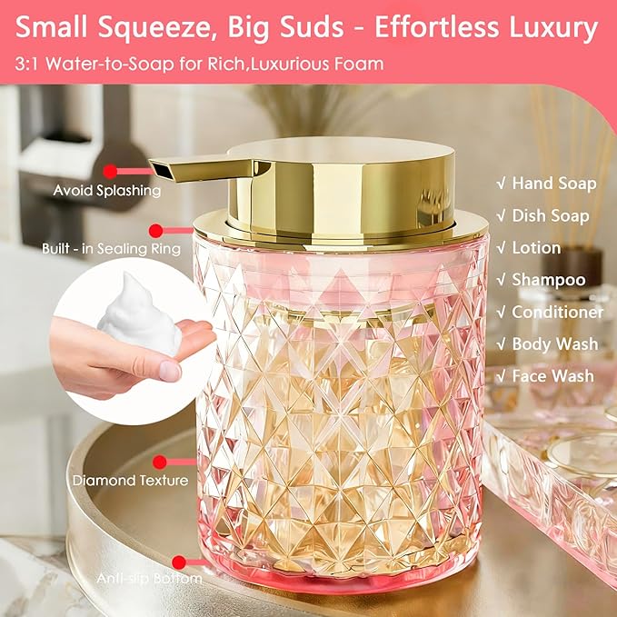 Pink Bathroom Accessories Set - 20PCS Glass Bathroom Set with Shower Curtain and Rugs, Soap Dispenser, Soap Dish, Cup, Qtip Jar, Toothbrush Holder, Stylish & Functional Bath Decor for Home, Apartment
