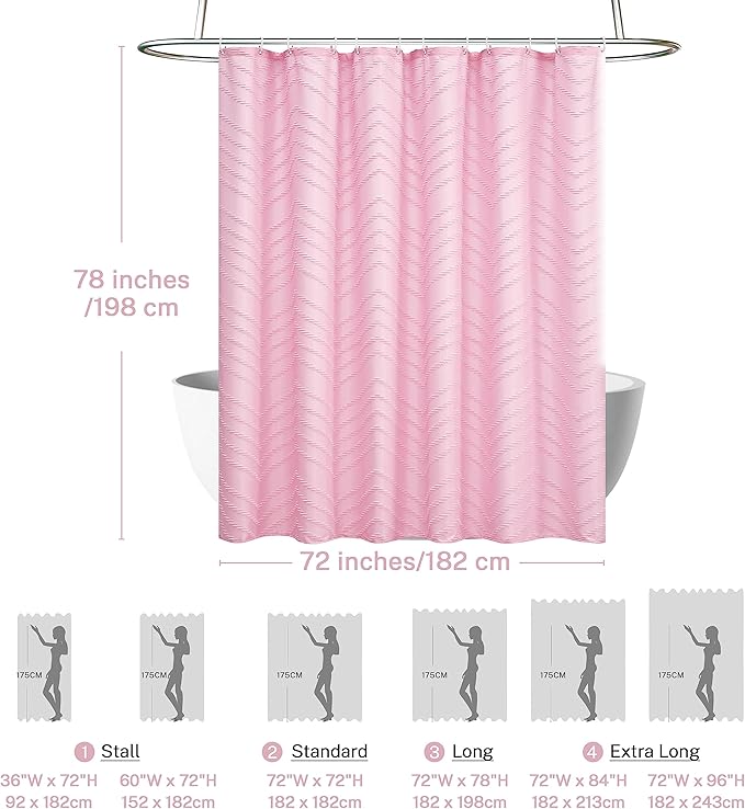 Pink Extra Long Boho Shower Curtain Pink Woven Fabric 78 in Shower Curtain, Tufted Chevron Striped, 72 x 78, Modern Chic Textured Minimalist Cute Shower Curtain for Bathroom