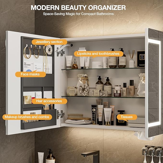 LED Lighted Bathroom Medicine Mirror Cabinet with 3-Color LED Lights, Anti-Fog, Dimmable, Wall Mount, 3-Adjustable Shelves, Wall Mounted Bathroom Mirror with Storage (24‘’×32‘’)
