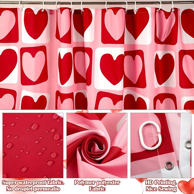 Drydiet 4 Pcs Galentine 's Day Shower Curtain Set, Plaid Heart Curtain Happy Galentine's Day Non Slip Rugs Toilet Lid Cover U Shape Bath Mat and 12 Hooks Bathroom Supplies for Home Decor