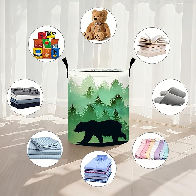 Misty Forest Bear Laundry Basket Laundry Hamper With Handles Collapsible Laundry Baskets Storage Basket For Room Bathroom Bedroom Decor