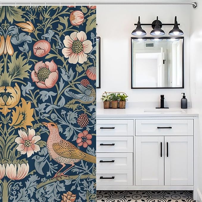 William Morris Shower Curtain,Original Design Vintage Flower Birds Elegant Animal Pattern Print Shower Curtains Sets Polyester Waterproof Fabric Decor Bathroom Curtain 72"×78" Inch With 12 Hooks
