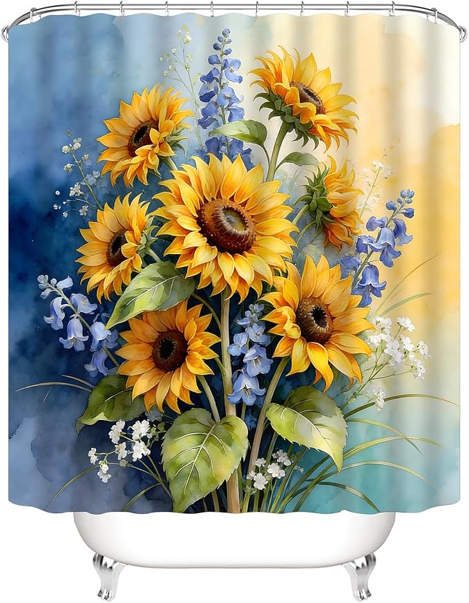 AZHM Watercolor Sunflower Shower Curtain Set 4 PCS Rustic Yellow Blue Floral Bathroom Accessory Sets with Non-Slip Bath Rugs, Toilet Lid Cover and U-Shaped Mat