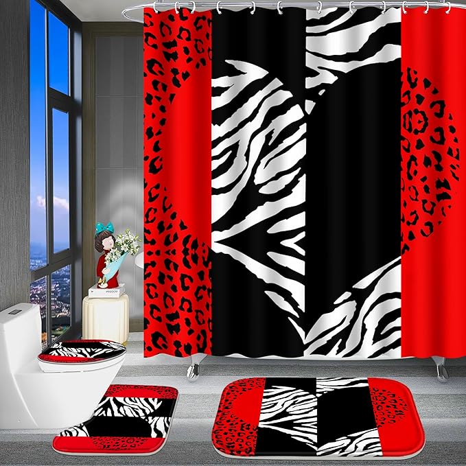 Poedist 4 Pcs Bathroom Curtain Set, Red Leopard Print Shower Curtains with Bright Style, Rugs (Bath Mat, U Shape, Toilet Lid Cover Mat) and 12 Hooks