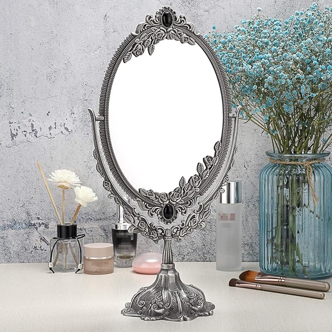 JUXYES Metal Tabletop Antique Decorative Makeup Mirror with Stand, Vintage Swivel Double Sided Cosmetic Mirror with Frame, Retro Desktop Oval Dressing Mirror for Bathroom Bedroom