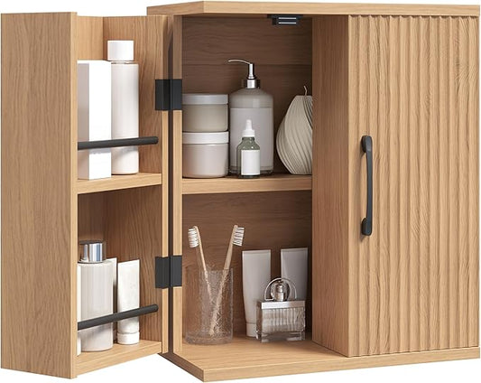 YATINEY Bathroom Wall Cabinet, Medicine Cabinet Wall Mounted, Over The Toilet Storage Cabinet, Fluted Cabinet with 2 Doors, for Bathroom, Kitchen, Laundry Room, Natural