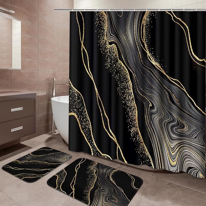 ArtSocket Marble Black Gold Bathroom Set with Shower Curtain and Bath Rugs and Accessories,Agate Golden Stone Non-Slip Shower Curtain Set,Bathroom Decor 3 Pcs