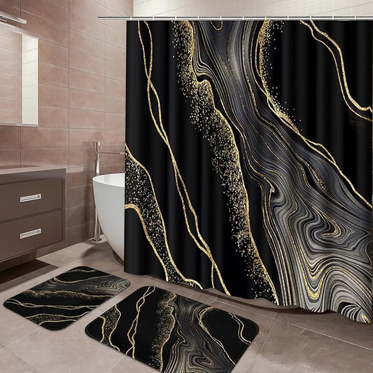 ArtSocket Marble Black Gold Bathroom Set with Shower Curtain and Bath Rugs and Accessories,Agate Golden Stone Non-Slip Shower Curtain Set,Bathroom Decor 3 Pcs