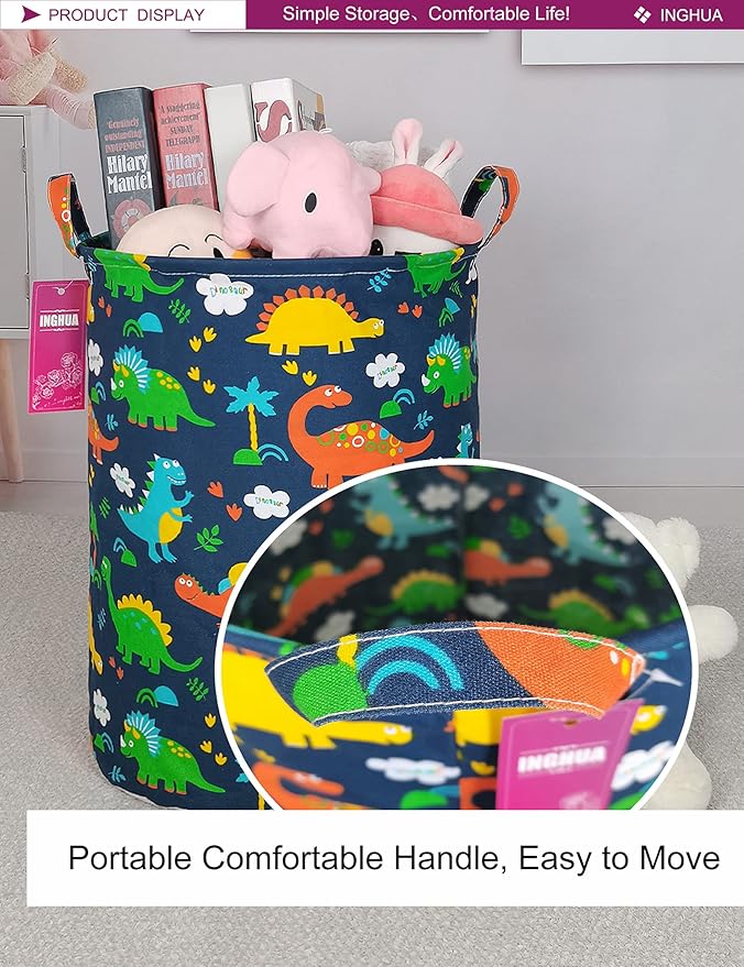 Laundry Hamper Large Canvas Fabric Lightweight Storage Basket/Toy Organizer/Dirty Clothes Collapsible Waterproof for College Dorms, Boys and Girls Bedroom,Bathroom (Forest Dinosaurs)