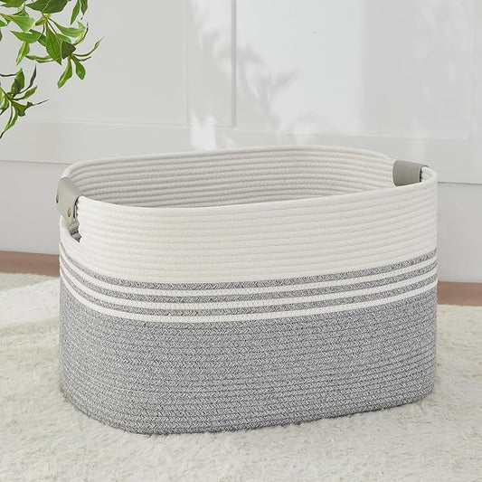 DOFASAYI Laundry Hamper - 72L Large Laundry Basket with Leather Handles, Decorative Storage Basket for Blankets - Clothes Hamper for Living Room, Bedroom, White & Grey
