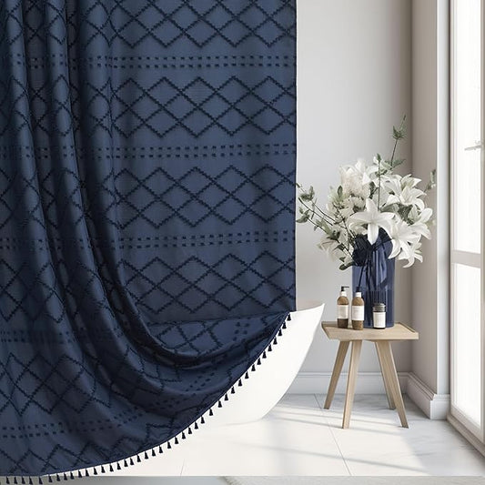 Extra Long Boho Shower Curtain with Tassels 72 x 90, Navy Blue