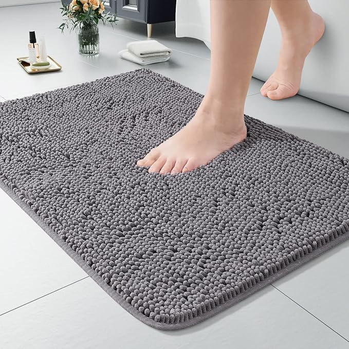 LOCHAS Luxury Bathroom Rug Shaggy Bath Mat 24 x 17 Inch, Washable Non Slip Bath Rugs for Bathroom Shower, Soft Plush Chenille Absorbent Carpets Mats, Gray