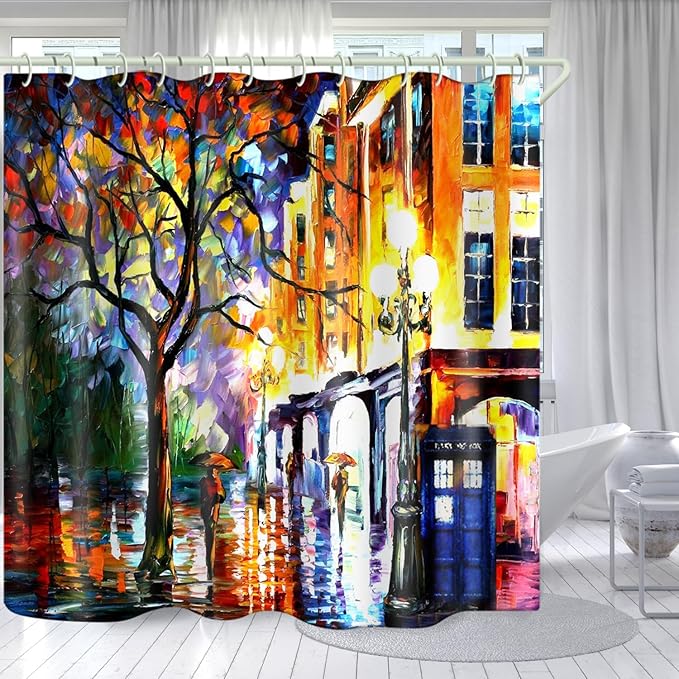 Bright Fabric Shower Curtains, Oil Painting Street Theme Design Art Shower Curtains, Bathroom Decor Set, 12 Shower Curtain Hooks (72 "Wx72 L) Inch Waterproof Shower Curtain.