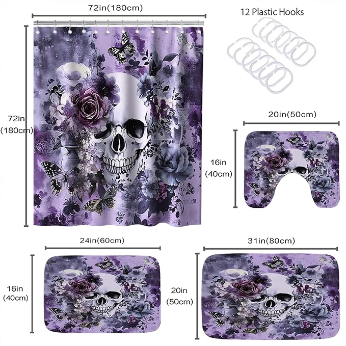 Funny Gothic Halloween Unique Bathroom Sets with Floral Skull Shower Curtain and 20 x 31 Rugs Bathroom Accessories Sets Decor with Bath Rug, Bath Mat, U-Shaped Contour and Hooks 72 x 72 Inch Purple