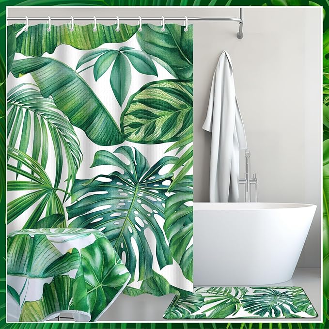 Nuanchu 6 Pcs Tropical Leaves Shower Curtain Set with Rug Green Palm Botanical Banana Monstera Leaf Bathroom Sets with Shower Curtain Bath Mat U Shaped Mat Toilet Lid Cover 2 Bath Towels and 12 Hooks