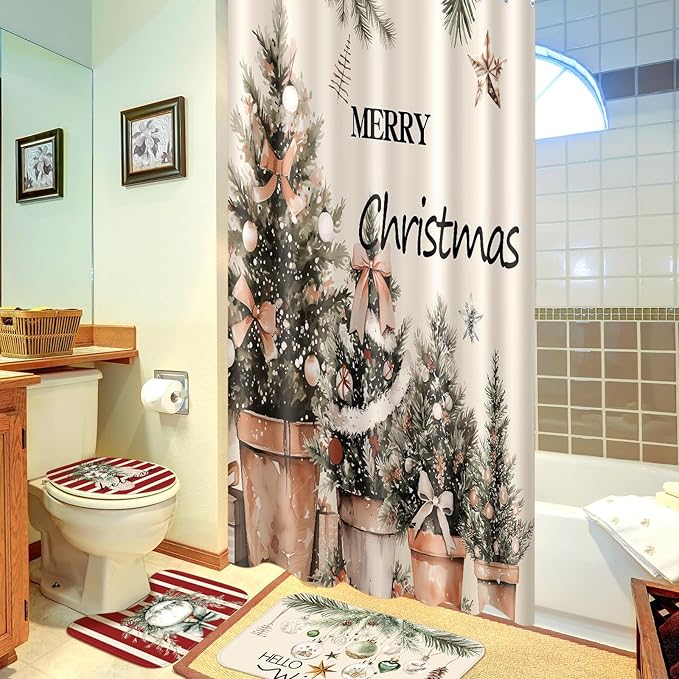 Drydiet 4 Pcs Christmas Shower Curtain Set Bathroom Decoration Non Slip Rugs Mat Toilet Lid Cover Shower Curtain for Xmas Holiday Farmhouse Home Bathroom Decor(Cozy Christmas)