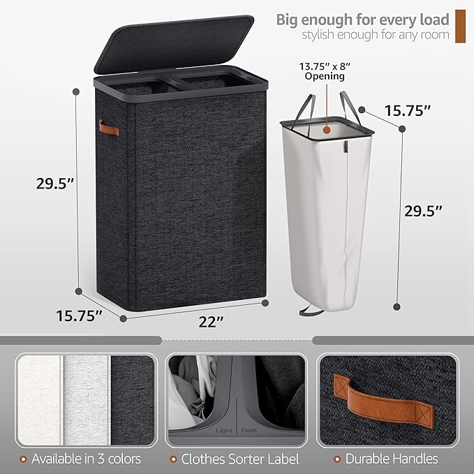 Sorbus Laundry Hamper with Lid - Collapsible 2-Compartment Fabric Laundry Basket with Handles and Removable Laundry Bag – 45 Gallon (170 L) Dirty Clothes Hamper for Bedroom, bathroom and dorm (Black)