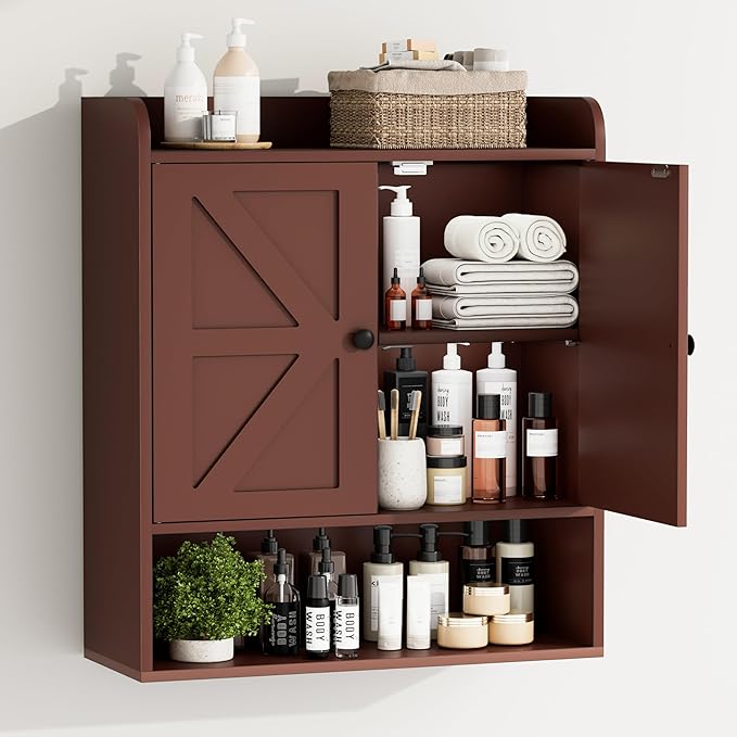 EasyCom 22" W x 26" H Bathroom Wall Cabinet, Farmhouse Medicine Cabinet with Adjustable Shelves and 2 Barn Doors, Over The Toilet Storage Cabinet for Bathroom, Kitchen, Living Room, Russet