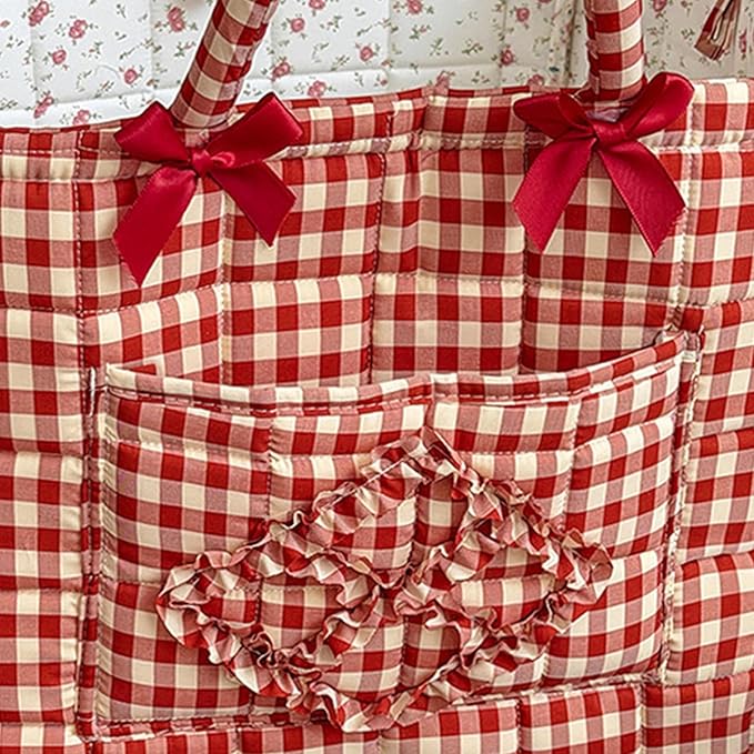Quilted Fabric Basket Car Storage Basket Boho Floral Laundry Hamper for Nursery Bedroom & Living Room | Organize Clothes Toys (Red Gingham Check)