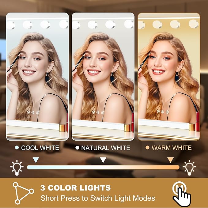 Moonee Vanity Mirror with Lights, Hollywood Lighted Makeup Mirror with 17 Dimmable Bulbs and 10X Magnification, 3 Colors Modes, Aluminum Metal Frame, Light Up Mirror for Tabletop/Wall（26" x 20"）