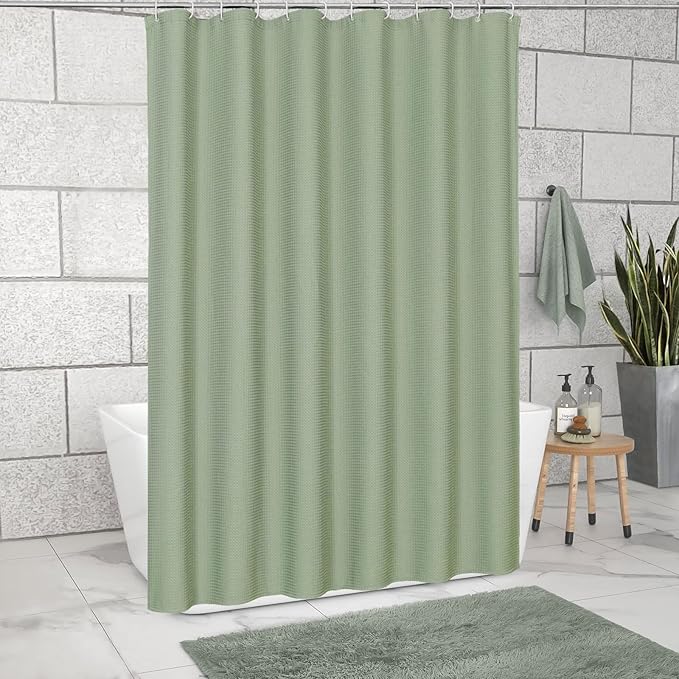 MitoVilla Green Waffle Small Stall Half Size Farmhouse Fabric Narrow Shower Curtains, 36 x 72, Sage Green, 36 inch Weighted Set