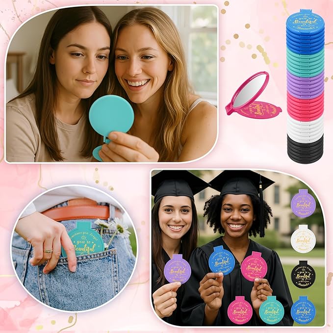 36 Pcs 2.76 Inch Inspirational Compact Mirror Bulk Women Small Gifts Graduation Party Favors Purse Mirror Pocket Mini Stuffer Items for Adult Coworker Cheerleader Employee (Classic Colors)