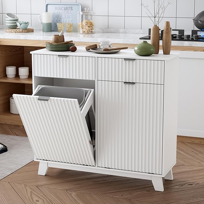 Double Tilt Out Laundry Hamper Cabinet, 20 Gallon Wooden Trash Can Cabinet with Storage Drawers, Hidden Fluted Garbage Can Holder for Kitchen, Living Room (White, 39.34" W x 35.83" H x 13" D)
