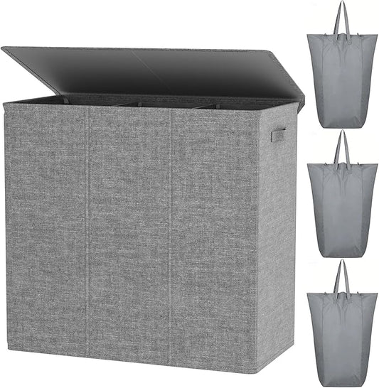 WOWLIVE 180L Laundry Hamper with Lid 3 Section,Large Laundry Basket with Removable Bags and Handles,Collapsible Dirty Clothes Hampers for Laundry,Laundry Basket Organizer for Laundry Room,Dorm,Grey