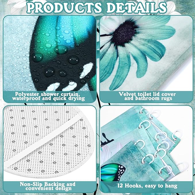 FuWeave 8 Pcs Rustic Farmhouse Shower Curtain Sets for Bathroom Daisy Floral and Butterfly Shower Curtain Sets with Rugs, Flowers Towels, Non-Slip Rug, Toilet Lid Cover, Bath Mat and 12 Hooks(Teal)