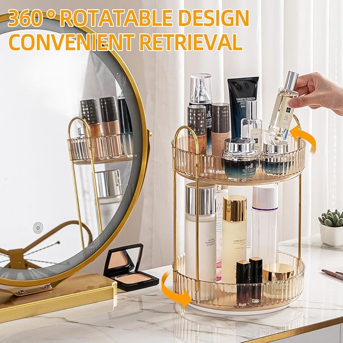 Makeup Organizer for Vanity, 360° Rotating Bathroom Organizer Countertop, High-Capacity Skincare Organizer, Spinning Cosmetics Organizer for Dresser Countertop (2 Tiers, Amber)