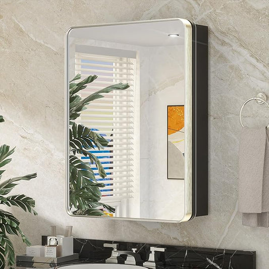 Keonjinn 24 x 32 Inch Brushed Nickel Mirrored Medicine Cabinet, Recessed Medicine Cabinets for Bathroom, Stainless Steel Framed, Stepless Adjustable Shelves, in Wall or Surface Mount, Modern Style