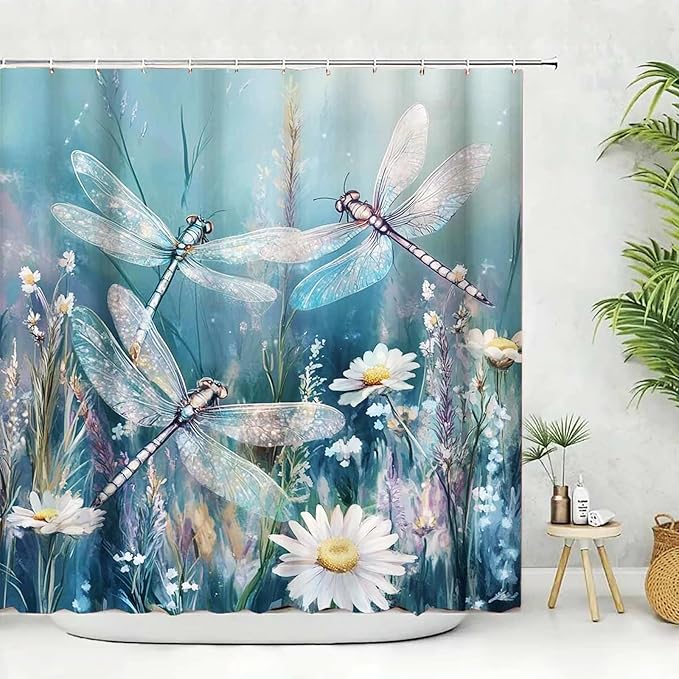 Dreamrflove Dragonfly Shower Curtain, 1-Pack Dragonfly Bathroom Shower Curtain, Blue Vintage Plant Flowers Fabric Bathroom Decoration, 72x72 Inch Waterproof Polyester Insulation Home Accessories