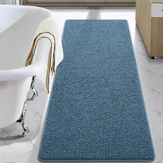 LOCHAS Luxury Bathroom Rug Shaggy Bath Mat 24 x 60 Inch, Washable Non Slip Bath Rugs for Bathroom Shower, Soft Plush Chenille Absorbent Carpets Mats, Denim Blue