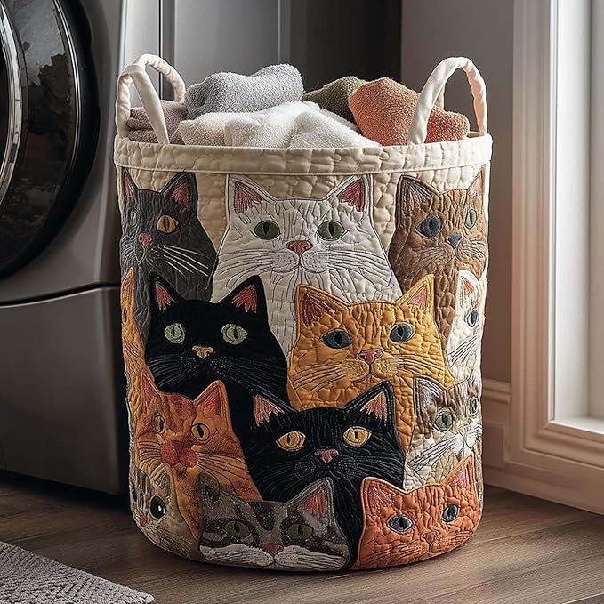 Cute Cat Quilted Laundry Basket with Handles, Boho Floral Fabric Quilted Laundry Basket, Large Soft Collapsible Storage Hamper for Nursery, Bedroom, Bathroom, Clothes & Toy Organization (#05)