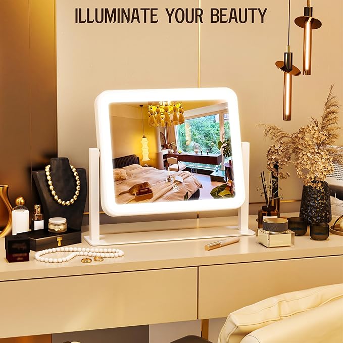 12" x14" Vanity Mirror with Lights,LED Makeup Mirror with Lights, Light up Makeup Mirror with 3 Color Modes, Dimmable＆ Memory Function, Lighted Mirror Makeup for Desk, Travel,White