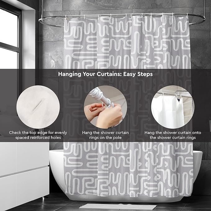 Encasa XO Shower Curtains for Bathroom 72x72 in with 10 Hooks | Waterproof Shower Liner Curtain | Premium Polyester Machine Washable Curtain for Bathroom - Boho Maze Grey