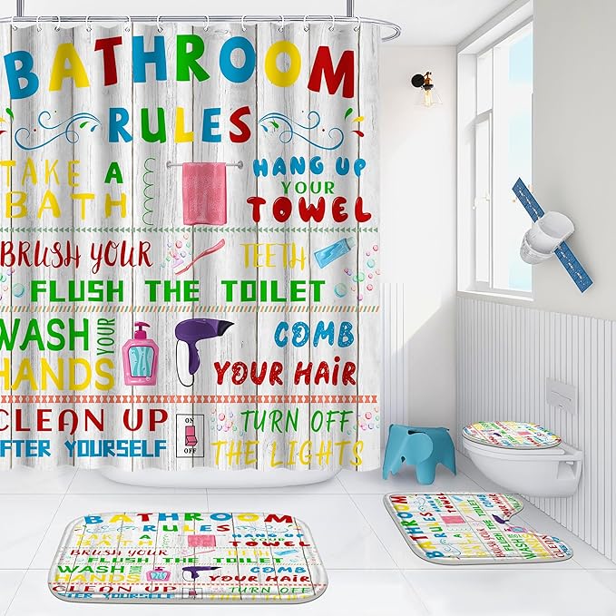 Poedist 4 Pcs Bathroom Shower Curtain Set,Kid's Bathroom Set, Space Shower Curtain Sets with Rugs(Bath Mat,U Shape and Toilet Lid Cover Mat) and 12 Hooks-05