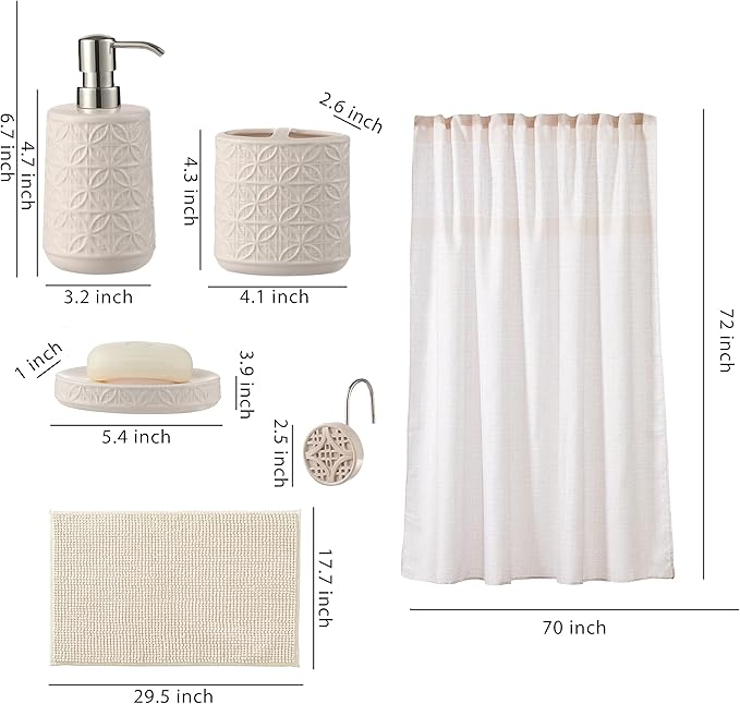 Bathroom Accessories Set, Bath Accessory Complete Set with Lotion Dispenser/Soap Pump, Soap Dish and Toothbrush Holder, Bath Mat, Shower Curtain with 12 Hooks (Embossed Pattern, Tan)