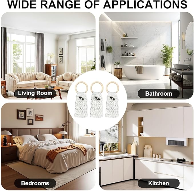 Aerbee Macrame Towel Holder Ring, 3PCS Kitchen Towel Hooks for Kitchen & Bathroom, Decorative Boho Style Kitchen Oven Towel Hanger Woodren Loop Ring, Suitable for Home Kitchen Bathroom, White