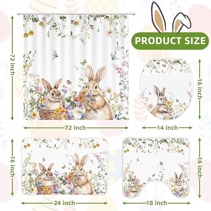 Easter Shower Curtain Set for Bathroom, Easter Rabbits Shape Red Bathroom Supplies for Spring Accessories Decor Set, Non Slip Rugs Toilet Lid Cover U Shape Bath Mat and 12 Hooks