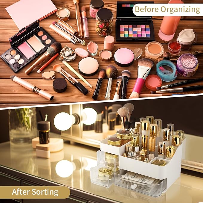 Makeup Organizer and Storage, Large Capacity Cosmetic Display Case with Drawer, Easy to Hold All of Your Makeup Products, Countertop Makeup Organizer for Skincare, Brushes, Lipstick