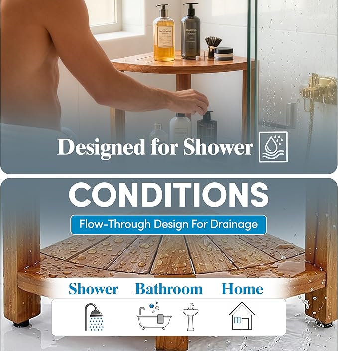 AquaTeak 12" Kai-Petite Teak Corner Shelf Stand - Shower Stand with 3 Tier Shelf for Bathroom - Durable Water Resistant Shower Organizer - Space-Saving Storage Shelves with Anti-Slip Feet