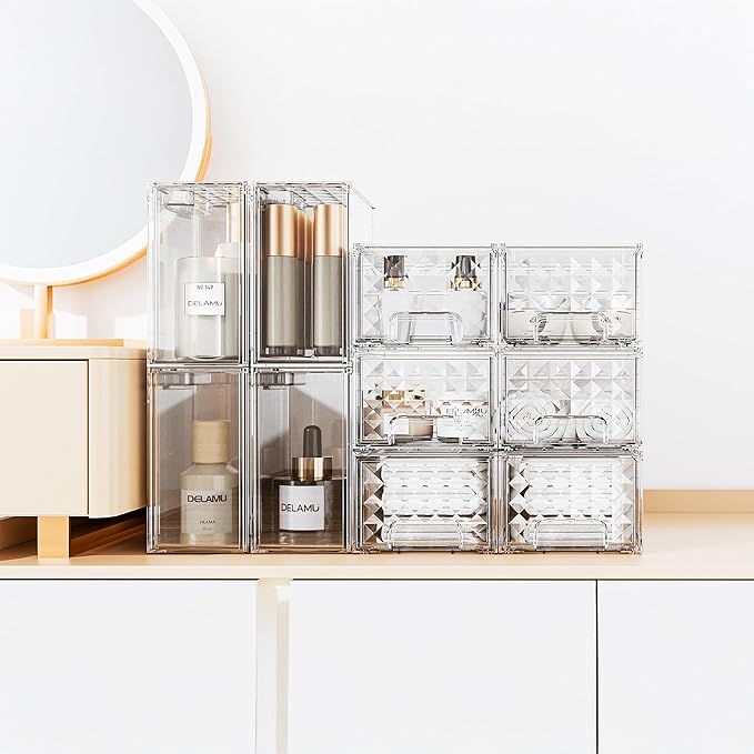 Delamu 2 Pack Stackable Storage Drawers, Makeup Skincare Holder Vanity Storage Organizer, Plastic Drawers For Vanity Desk, Undersink, Kitchen Cabinet, Pantry, Clear, Ideal Christmas Gifts for Girls