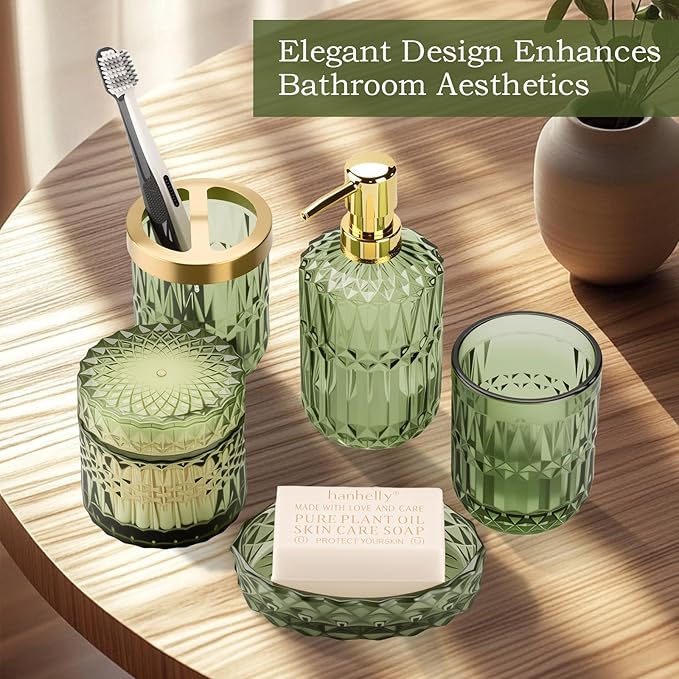 Green Bathroom Accessories Set, 5Pack Clear Glass Bathroom Accessories, Includes Lotion Soap Dispenser, Toothbrush Holder, Qtip Holder and Soap Dish, Vintage Bathroom Décor