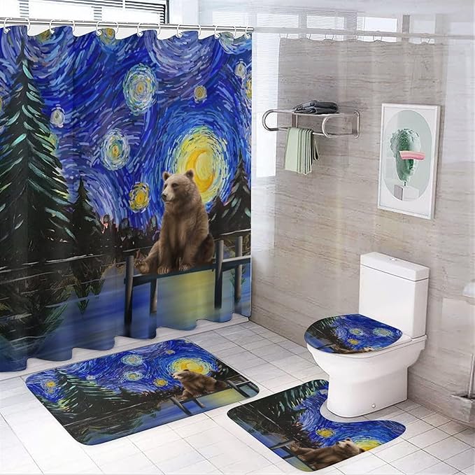 Funny Forest Animal Bear Shower Curtain Sets with Rugs 4 Piece Accessories Bathroom Curtains Shower Set Include Shower Curtain Non-Slip Rug Toilet Lid Cover Bath Mat One Size