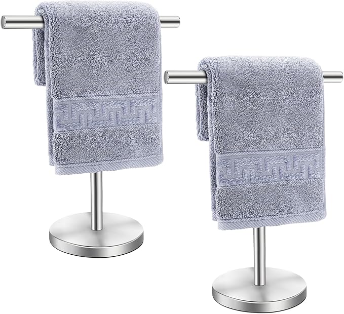 T-Shape Bath Hand Towel Holder Stand, Stainless Steel Free Standing Hand Towel Rack, for Bathroom Kitchen & Countertop, Silver, 2 Pack