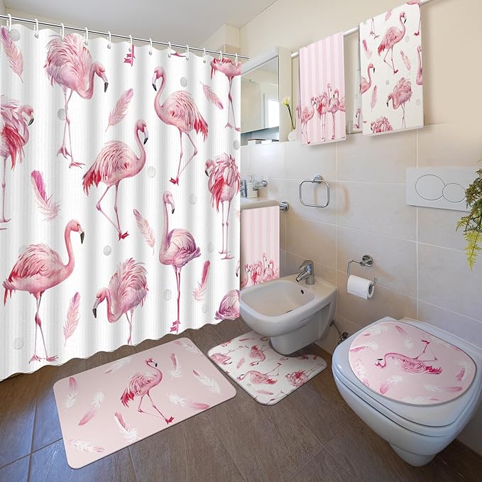 Nuanchu 6 Pcs Flamingos Shower Curtain Set with Rug Pink Flamingos Bathroom Sets with Shower Curtain Bath Mat U Shaped Mat Toilet Lid Cover 2 Bath Towels and 12 Hooks Summer Bathroom Decor